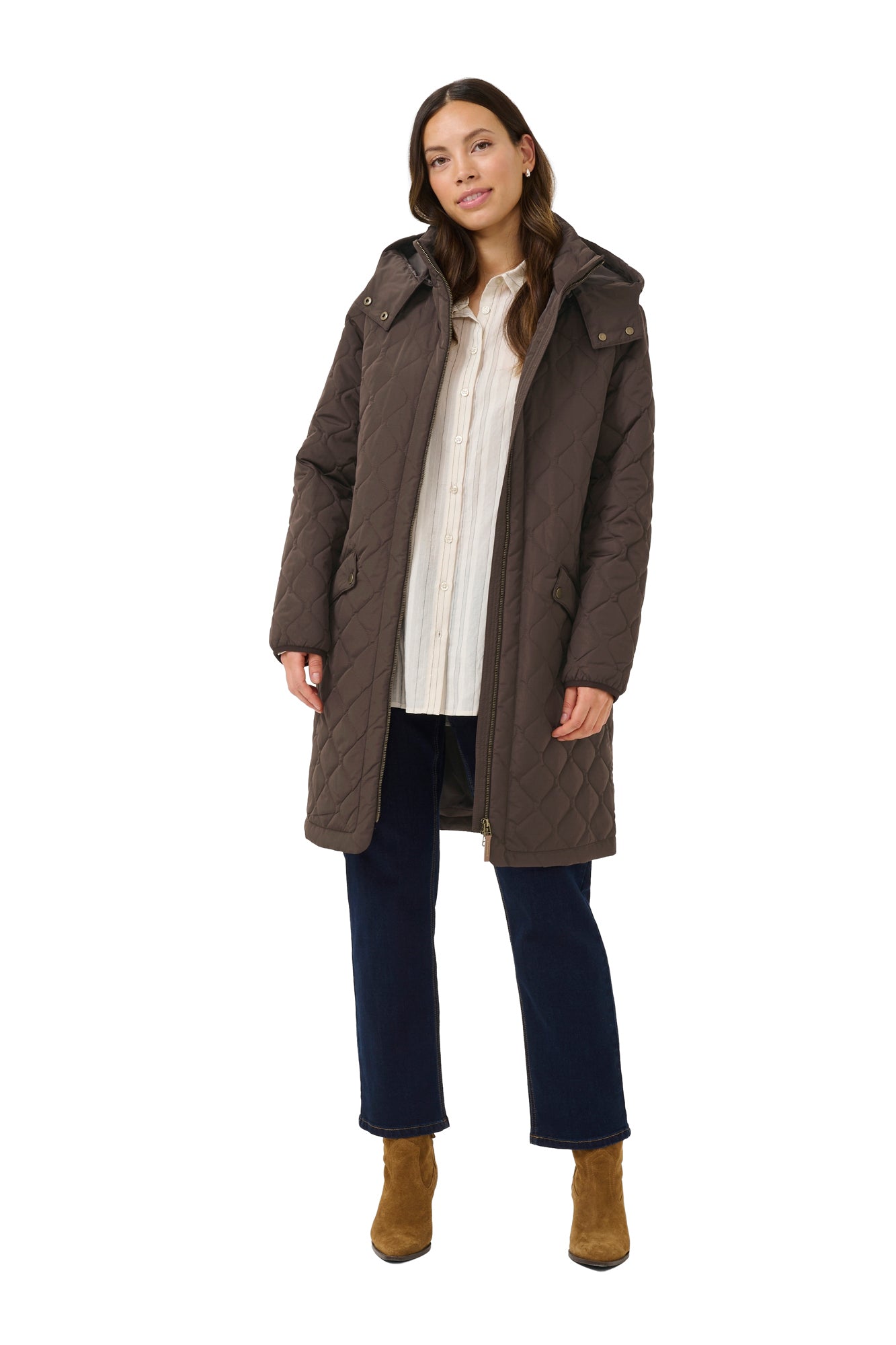 Women's worn front view of open brown quilted hooded coat showing mid-thigh length by Cream