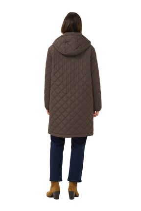 Cream women's brown quilted hooded coat with mid-thigh length and straight bound hem shown from the back