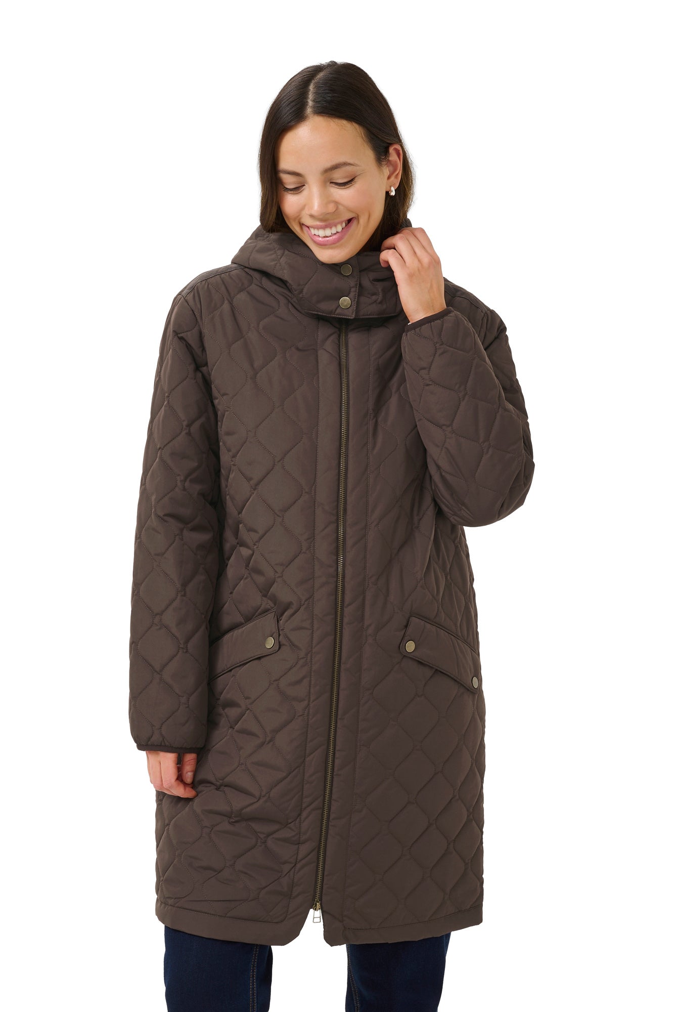 Cream women's brown quilted hooded coat with zipper closure and snap flap pockets, front view