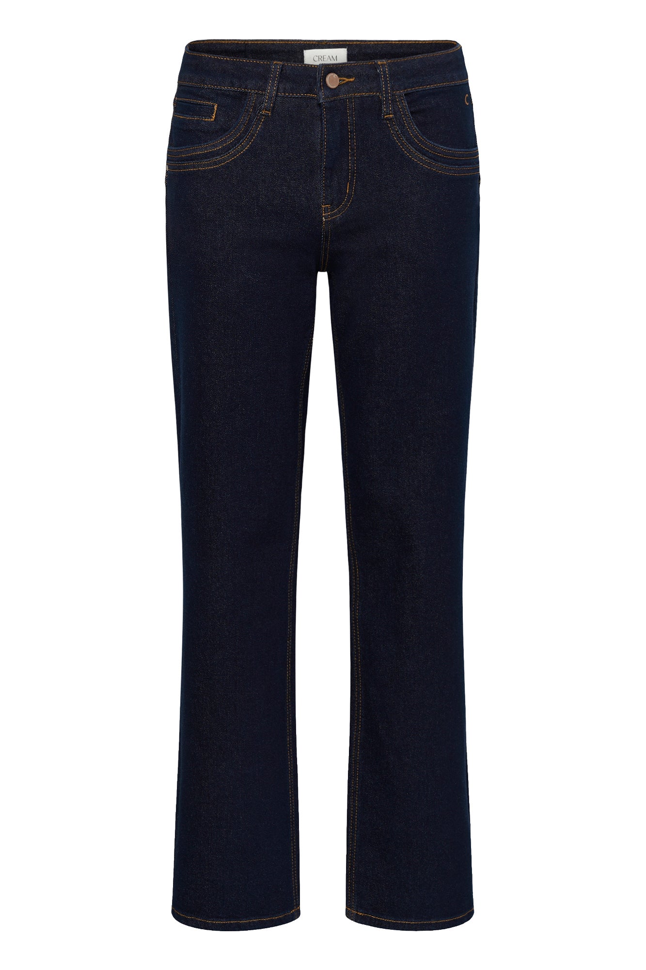 Jean droit indigo foncé avec braguette boutonnée, passants et surpiqûres tan pour femme par Cream, vue avant