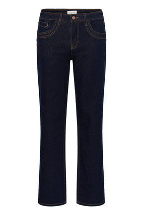 Jean droit indigo foncé avec braguette boutonnée, passants et surpiqûres tan pour femme par Cream, vue avant