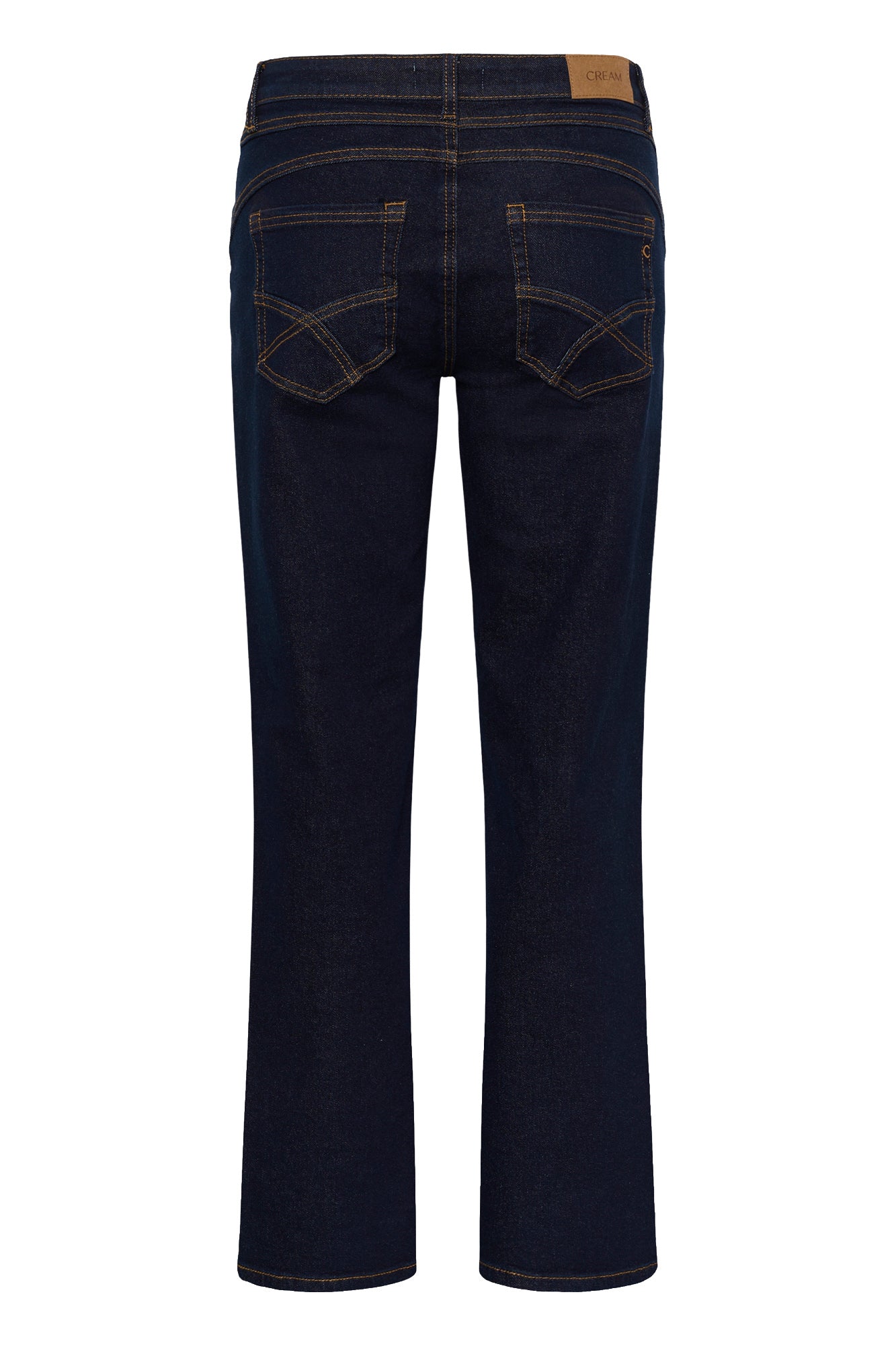 Vue arrière du jean droit indigo foncé avec poches plaquées et surpiqûres courbées tan pour femme par Cream