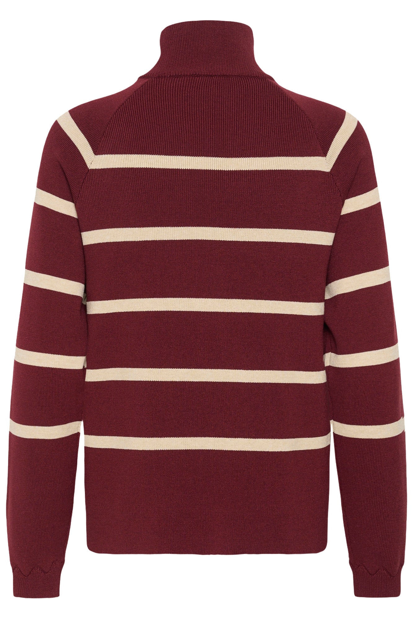 Vue arrière du chandail manches longues en tricot bourgogne avec rayures crème et col montant côtelé pour femme par Cream