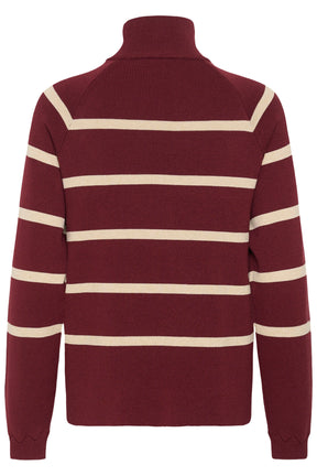 Vue arrière du chandail manches longues en tricot bourgogne avec rayures crème et col montant côtelé pour femme par Cream