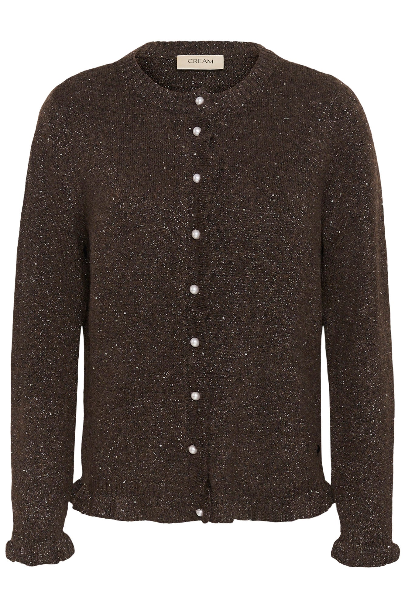 Cream women's dark brown glitter cardigan with pearl buttons and ruffle trim, isolated front view