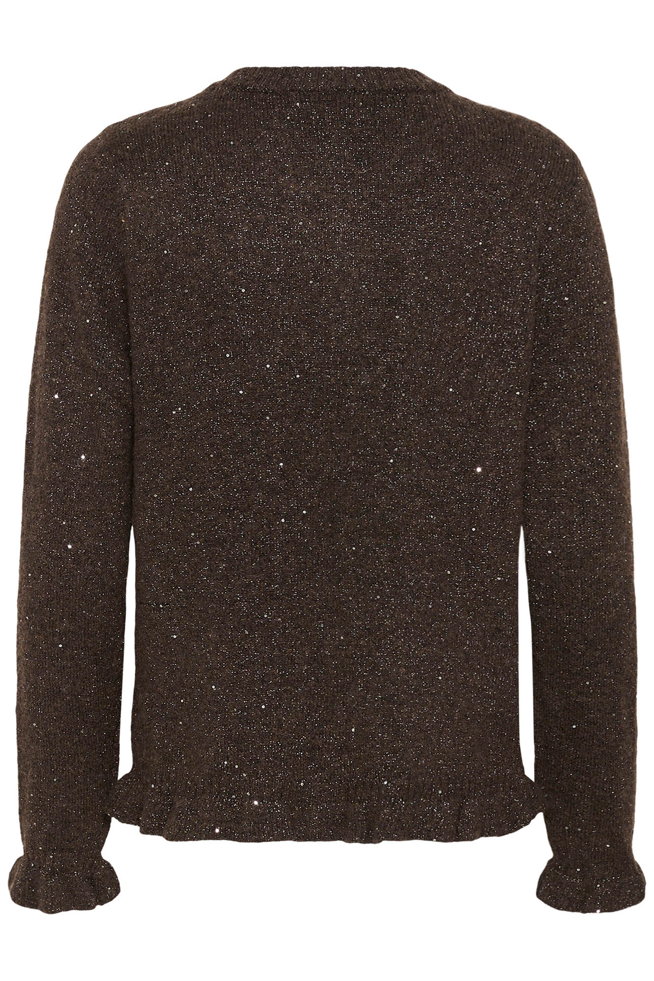 Cream women's dark brown glitter knit cardigan with ruffled hem and cuffs shown from the back