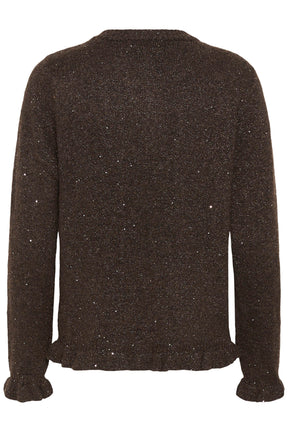 Cream women's dark brown glitter knit cardigan with ruffled hem and cuffs shown from the back