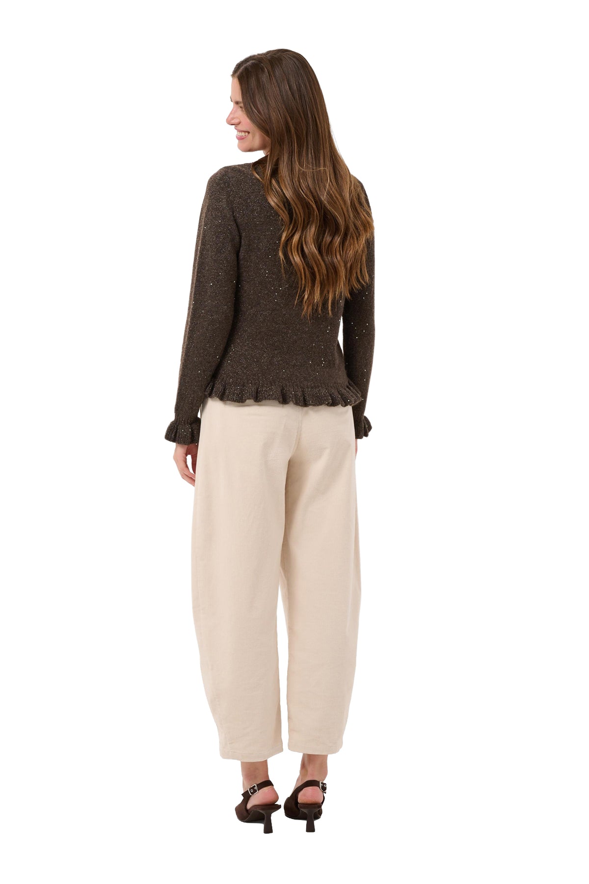 Cream women's dark brown glitter knit cardigan with ruffled hem and cuffs shown from the back