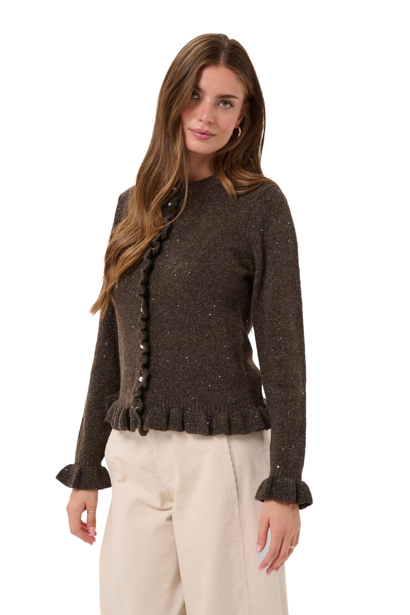 Front model view of women's dark brown glitter knit cardigan with ruffled hem and cuffs by Cream