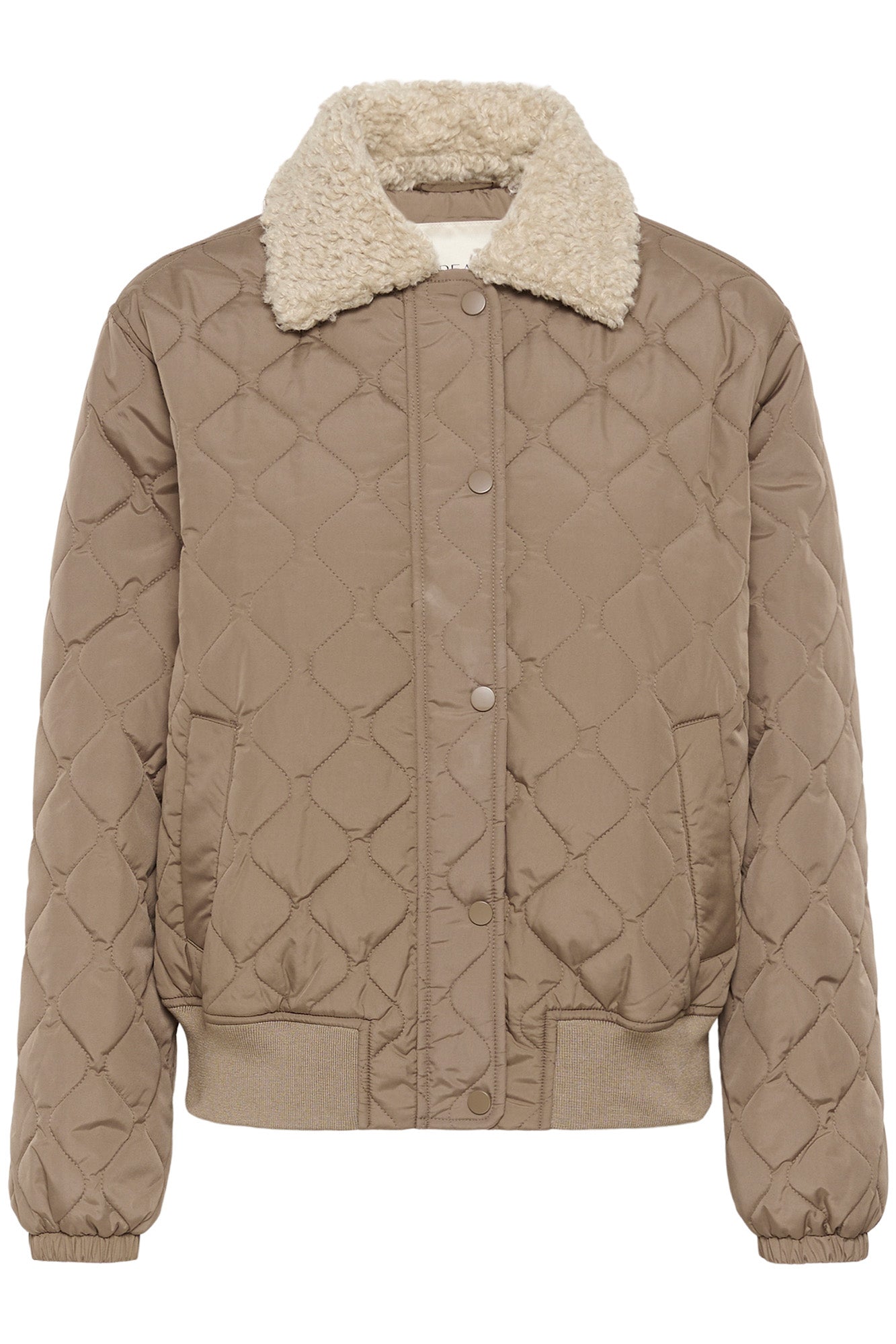 Women's taupe quilted windbreaker jacket with cream plush collar and pockets, isolated front view