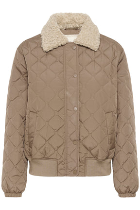 Women's taupe quilted windbreaker jacket with cream plush collar and pockets, isolated front view