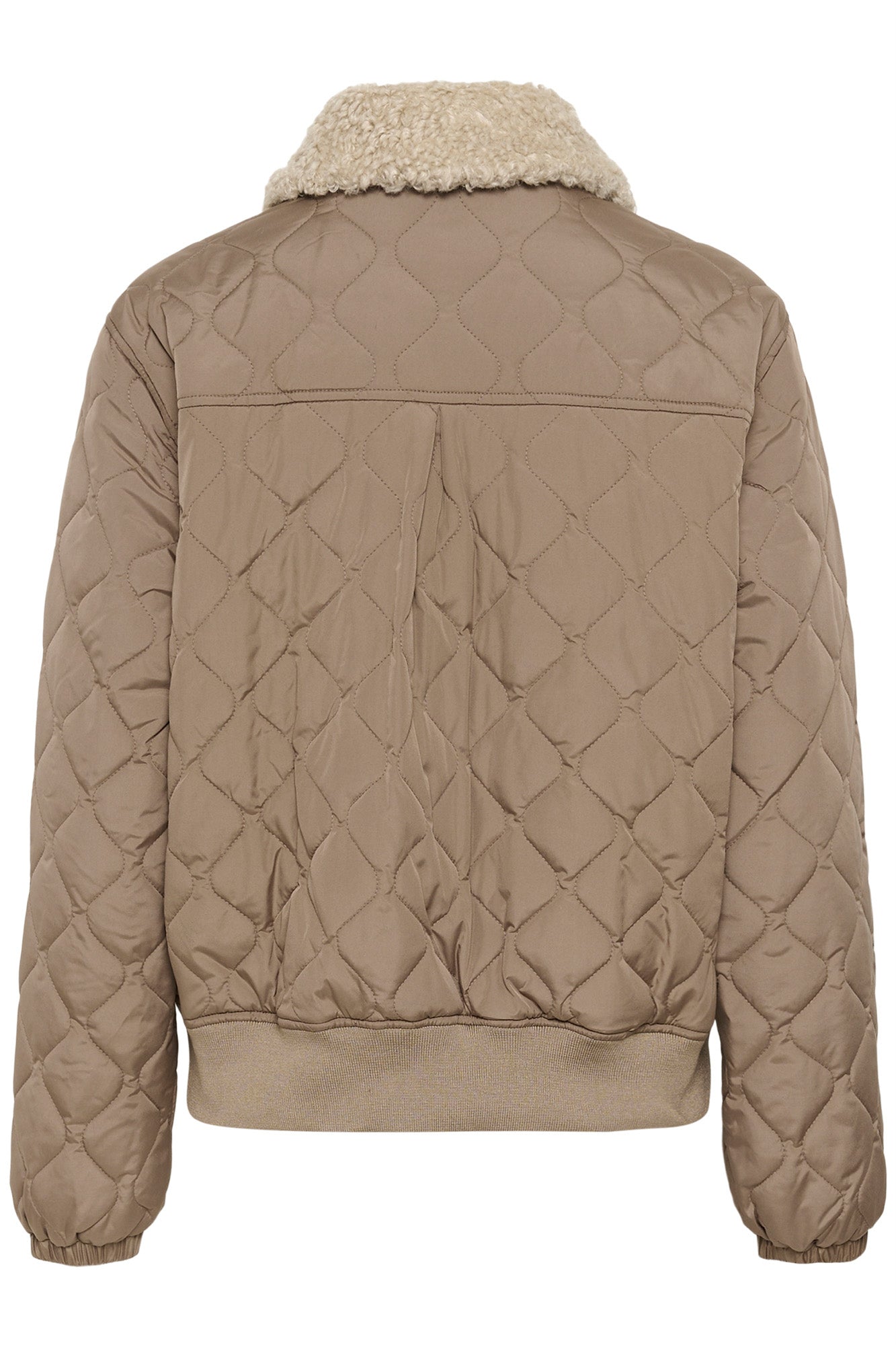 Women's taupe quilted windbreaker jacket with cream collar and ribbed waistband shown from the back