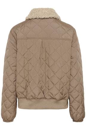 Women's taupe quilted windbreaker jacket with cream collar and ribbed waistband shown from the back