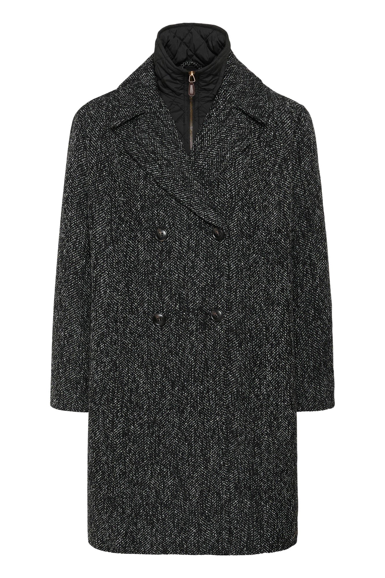 Cream women's black and white herringbone double-breasted coat with quilted zip bib, front product view