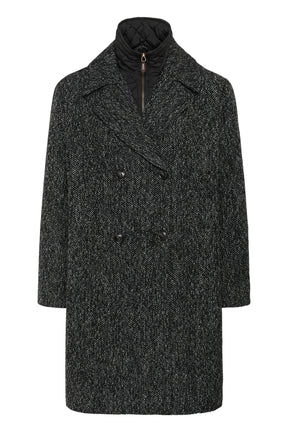 Cream women's black and white herringbone double-breasted coat with quilted zip bib, front product view