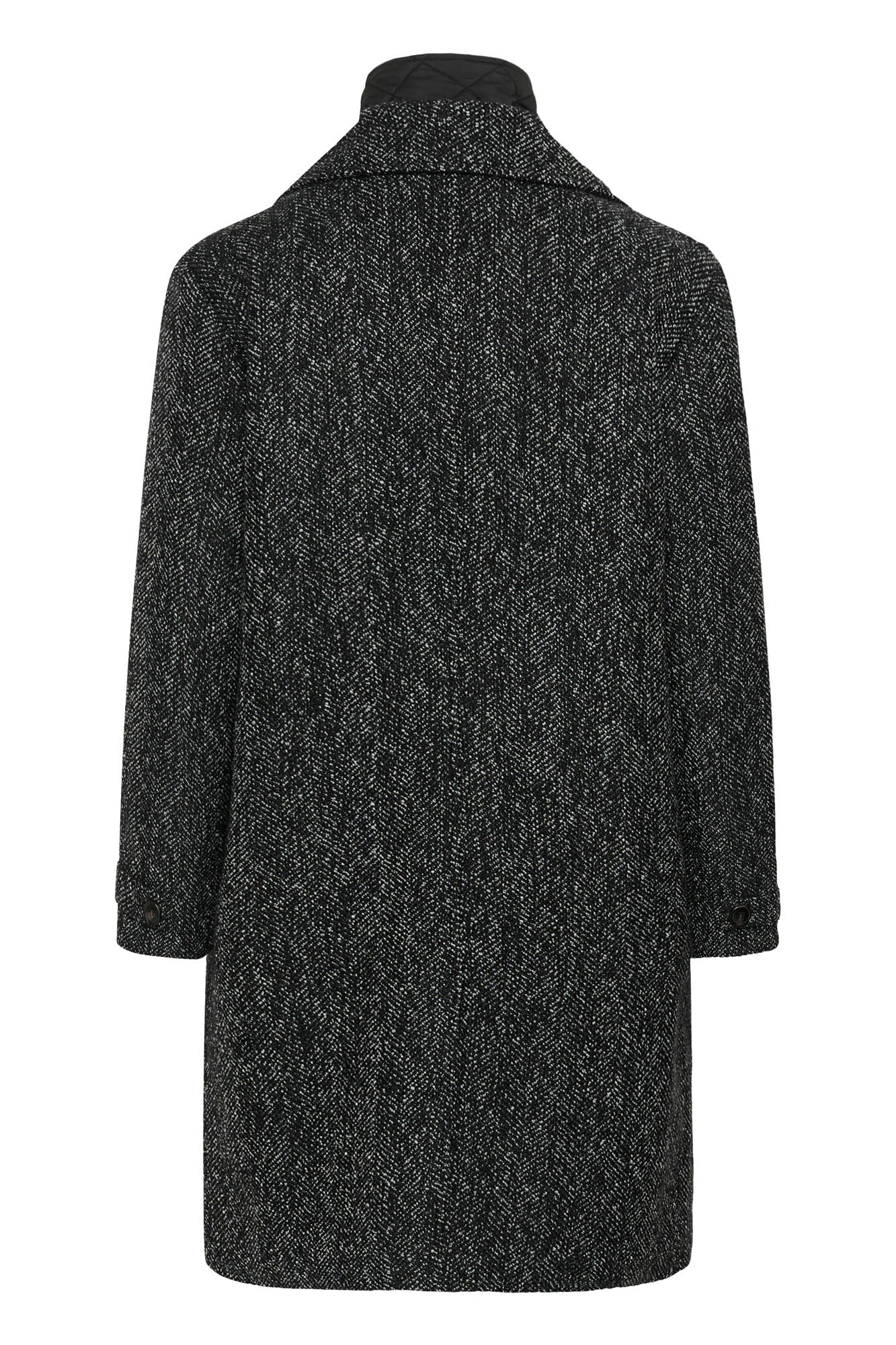 Cream women's black and white herringbone long coat with button-tab cuffs and straight hem shown from the back