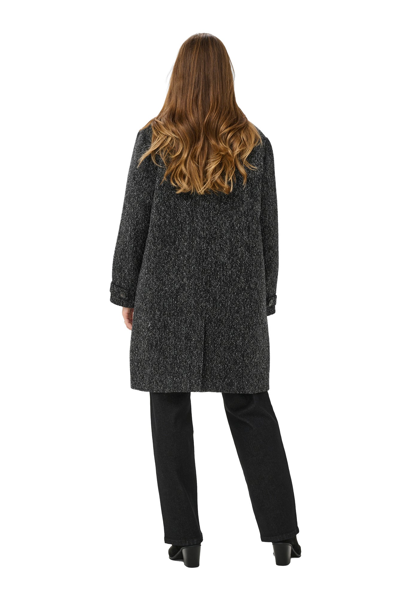 Cream women's black and white herringbone long coat with straight shape and cuff buttons shown from the back