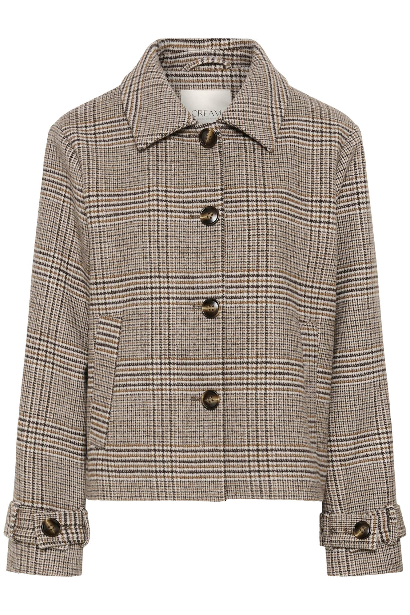 Cream women's beige and brown plaid jacket with foldover collar and dark buttons, isolated front view