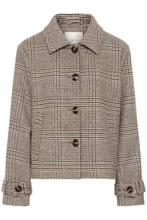 Cream women's beige and brown plaid jacket with foldover collar and dark buttons, isolated front view