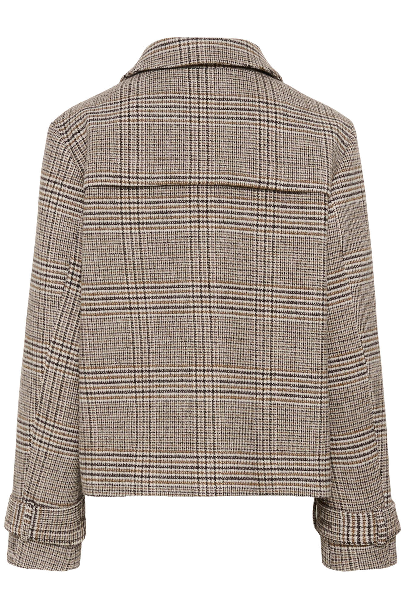 Cream women's beige and brown plaid jacket with foldover collar and back yoke flap, isolated back view