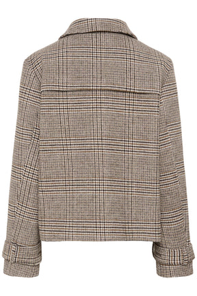 Cream women's beige and brown plaid jacket with foldover collar and back yoke flap, isolated back view