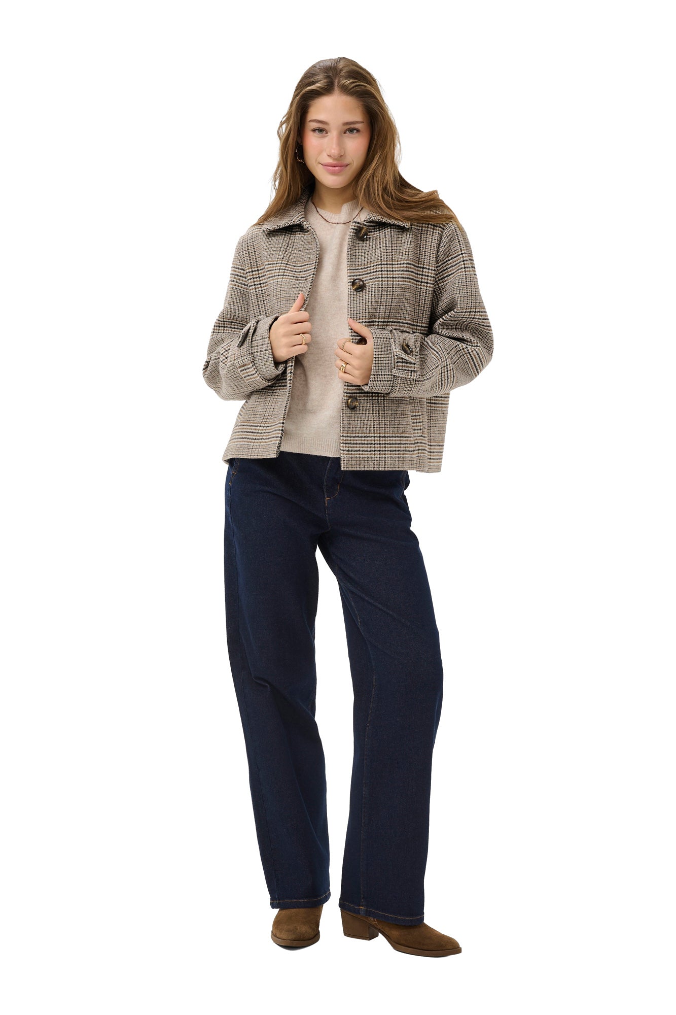 Women's full front model view of beige plaid jacket worn open with dark buttons and cropped hem by Cream
