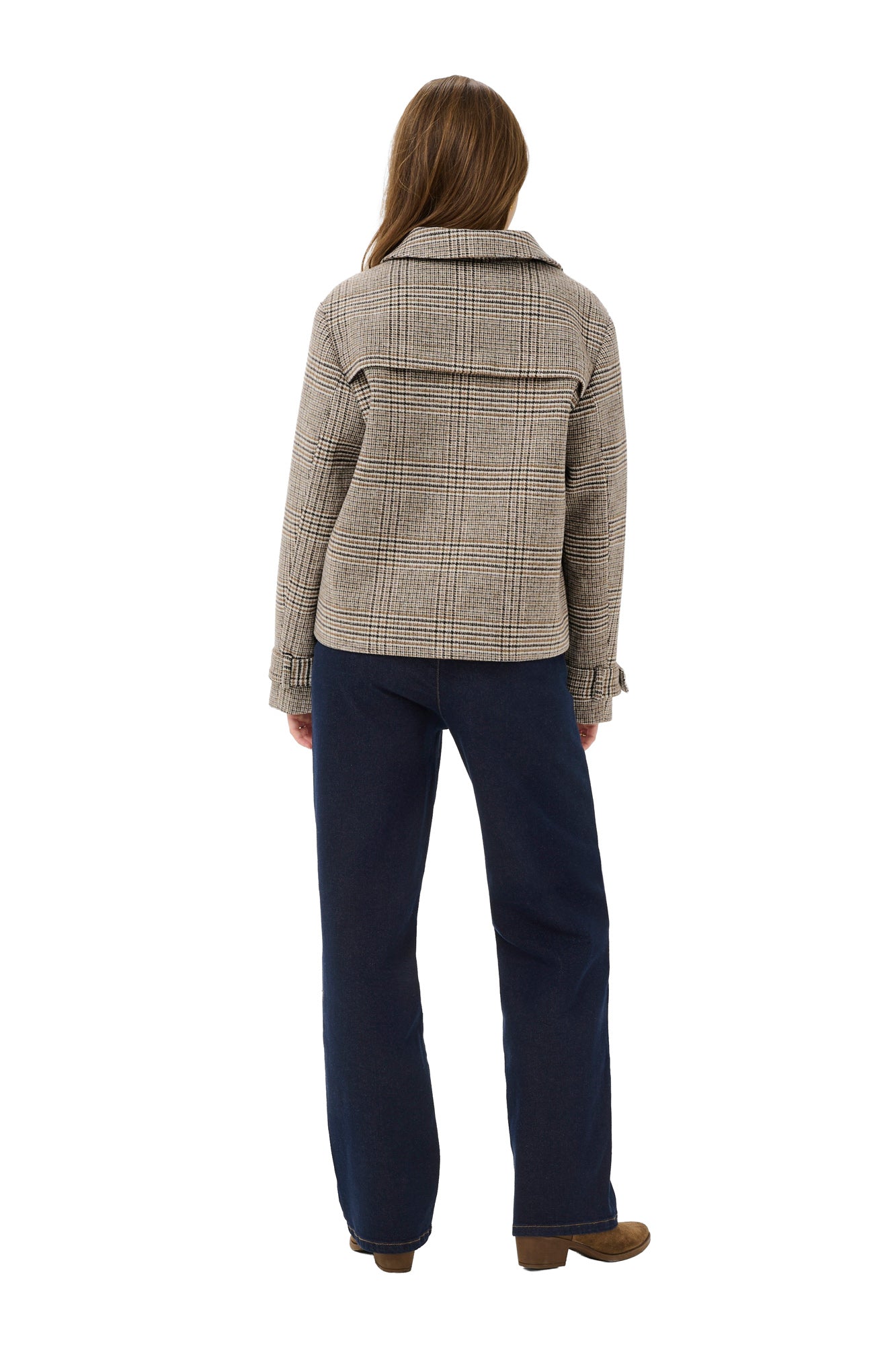 Cream women's beige and brown plaid jacket with foldover collar and horizontal back flap shown from the back