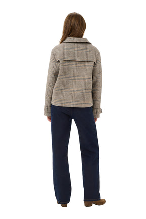 Cream women's beige and brown plaid jacket with foldover collar and horizontal back flap shown from the back