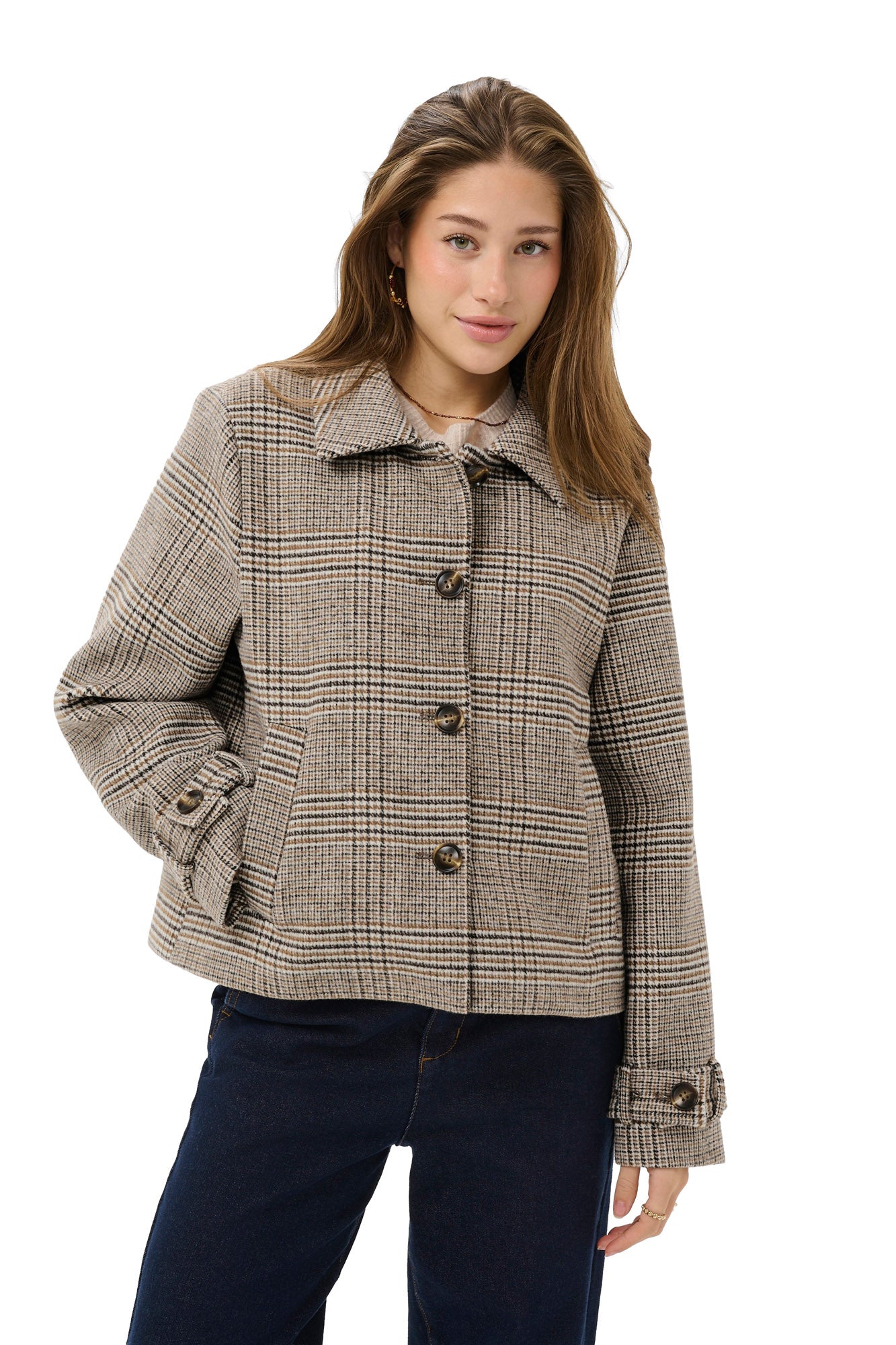 Cream women's beige and brown plaid jacket with dark buttons, pockets, and cuff tabs, front model view