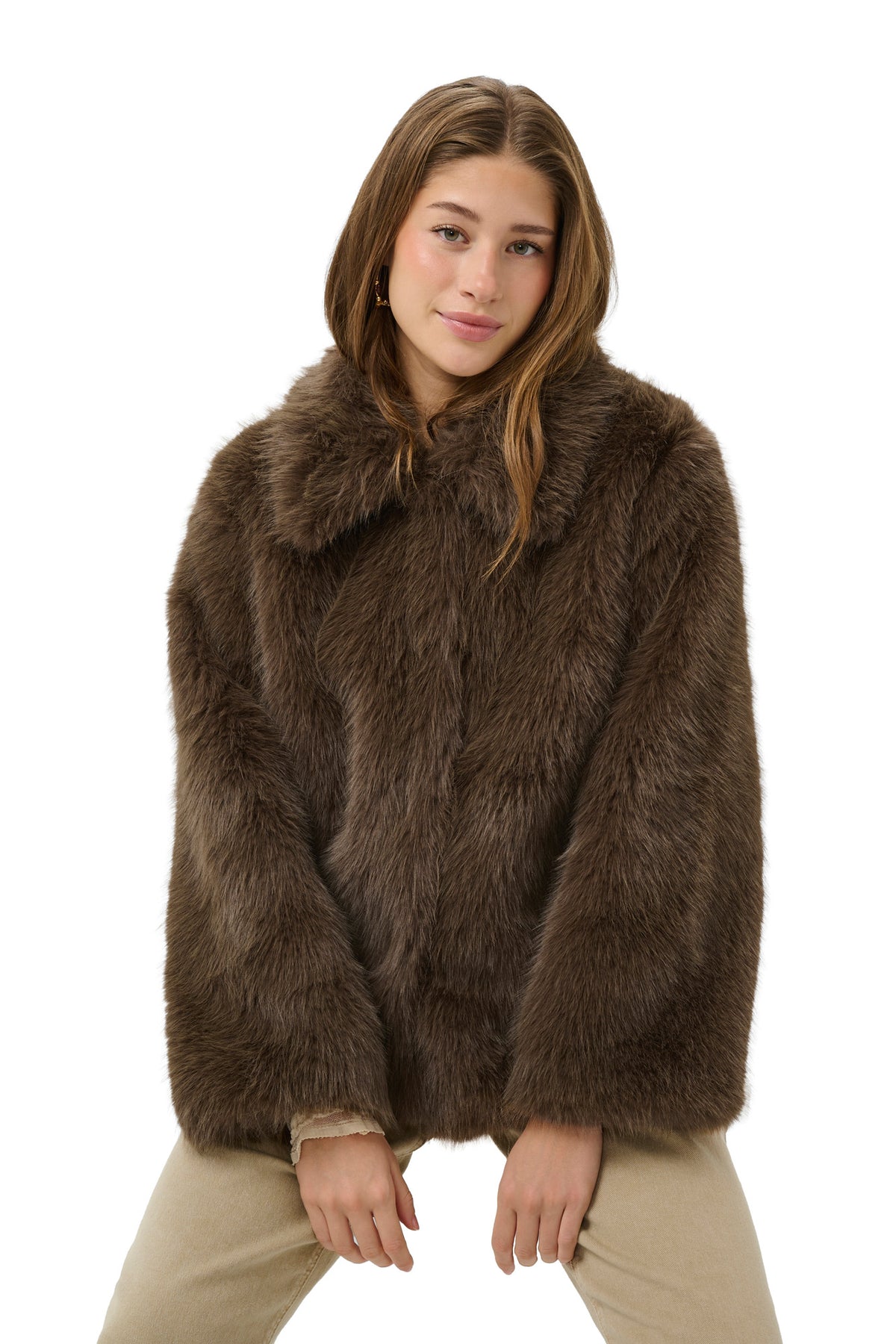Women's front waist-up model view of a brown faux fur jacket with a wide spread collar by Cream