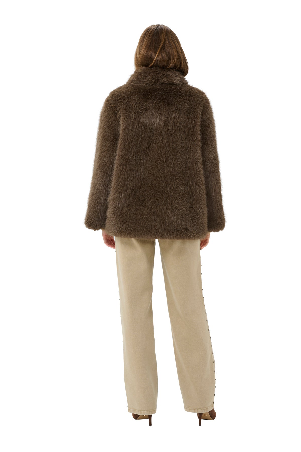 Cream women's brown faux fur jacket with long sleeves and straight hip-length hem shown from the back