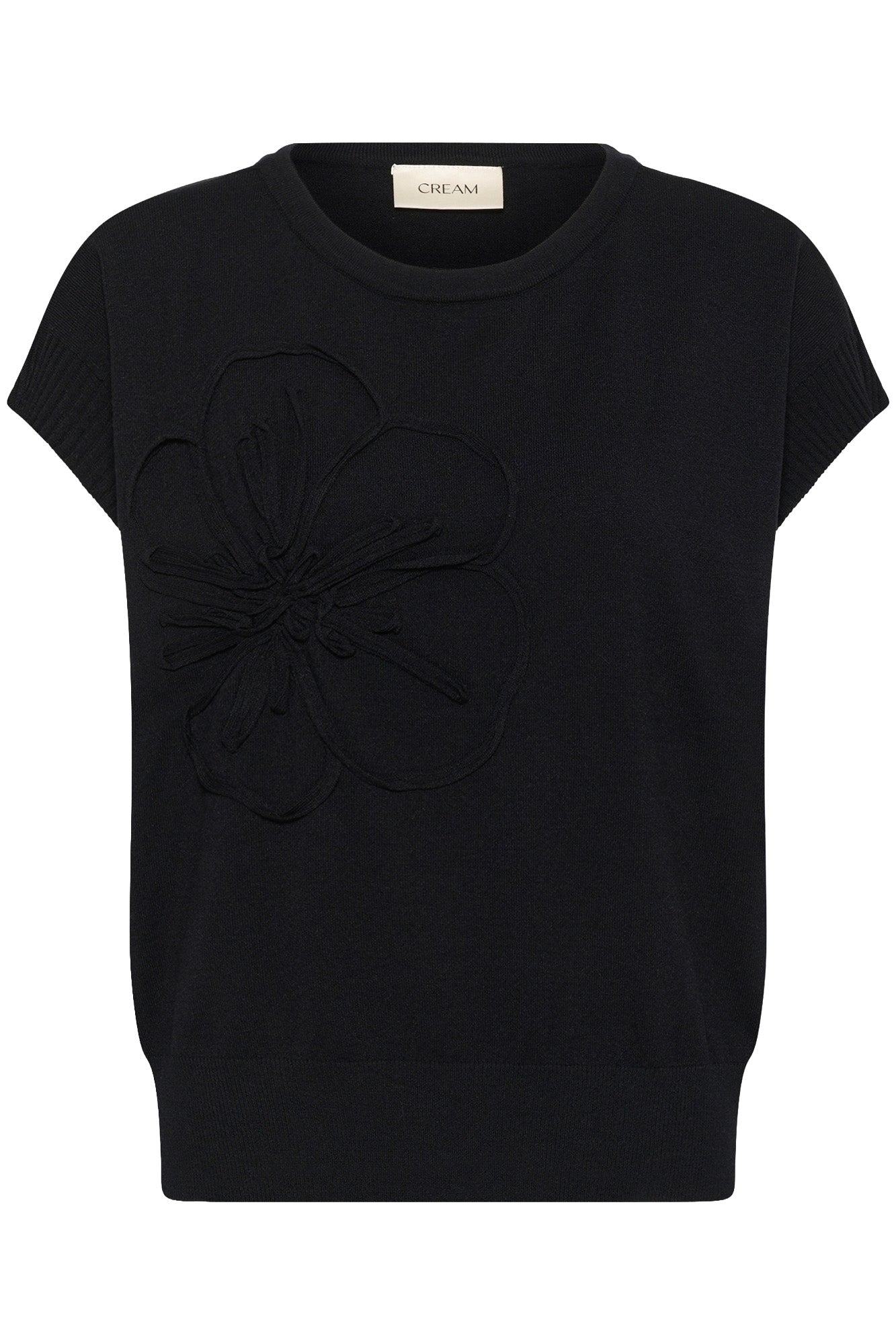 Vue avant isolée du T-Shirt noir en tricot à appliqué floral ton sur ton et col rond pour femme par Cream
