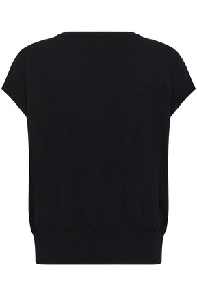 Vue arrière isolée du T-Shirt noir en tricot à dos uni et large ourlet côtelé pour femme par Cream