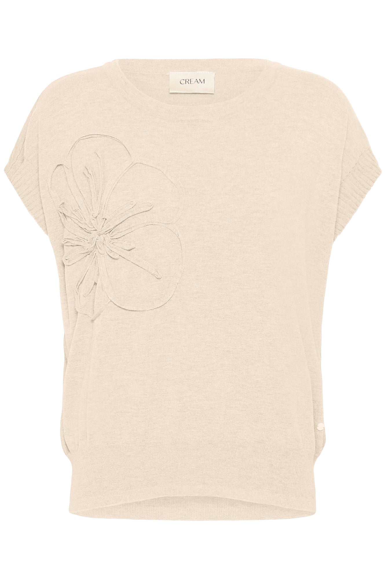 T-Shirt tricot crème à manches courtes avec appliqué floral en relief pour femme par Cream, vue de face isolée