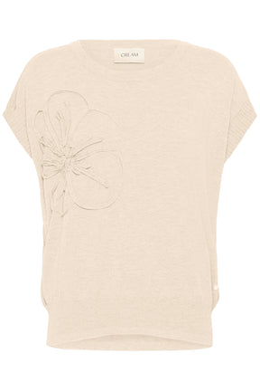 T-Shirt tricot crème à manches courtes avec appliqué floral en relief pour femme par Cream, vue de face isolée