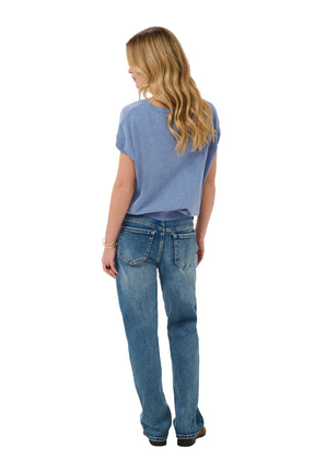 Vue de dos du T-Shirt tricoté bleu pâle à manches courtes avec bords côtelés pour femme par Cream