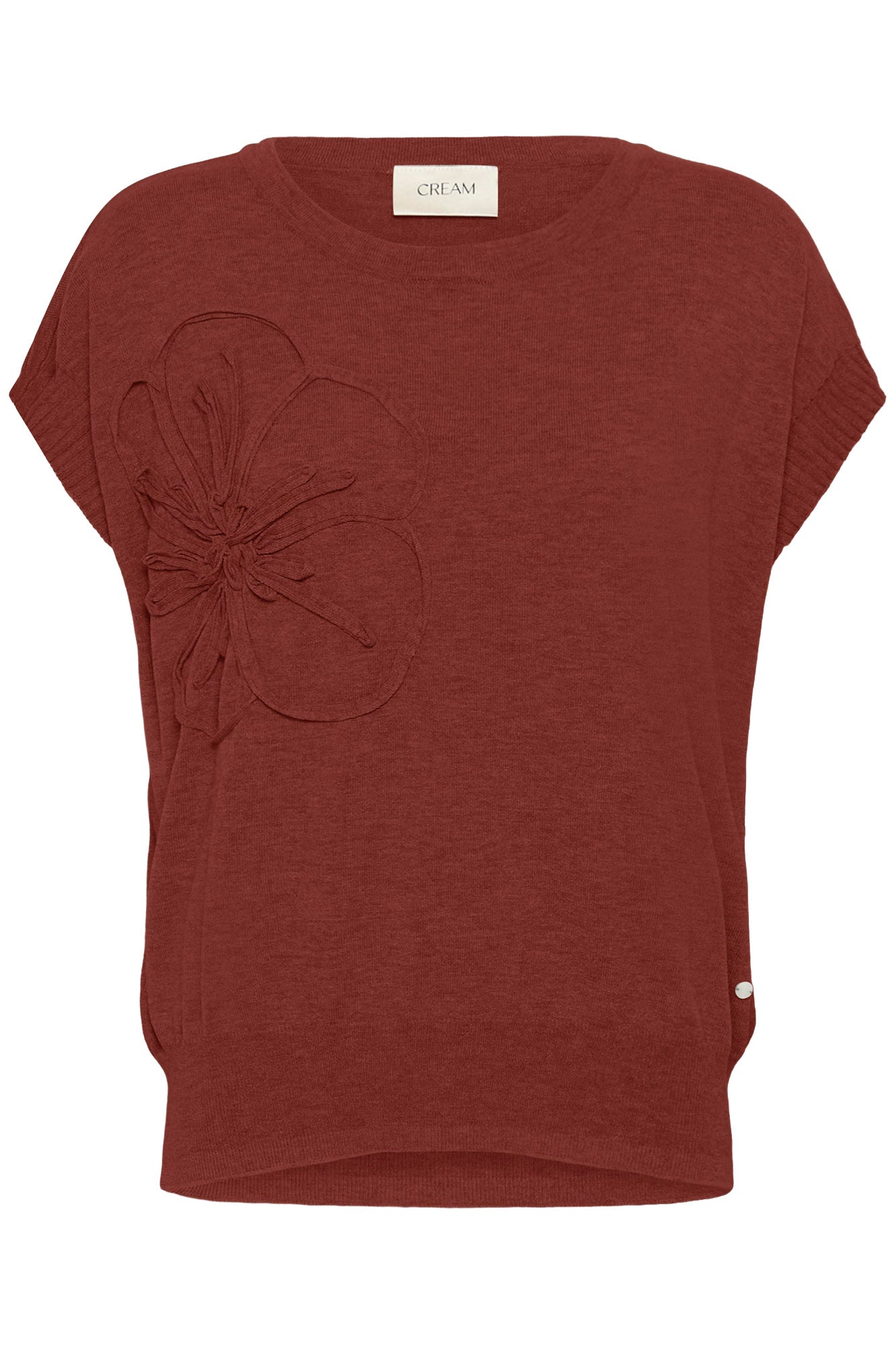 T-Shirt en tricot rouille avec applique florale et bords côtelés pour femme par Cream, vue avant isolée