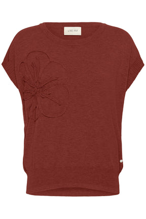 T-Shirt en tricot rouille avec applique florale et bords côtelés pour femme par Cream, vue avant isolée