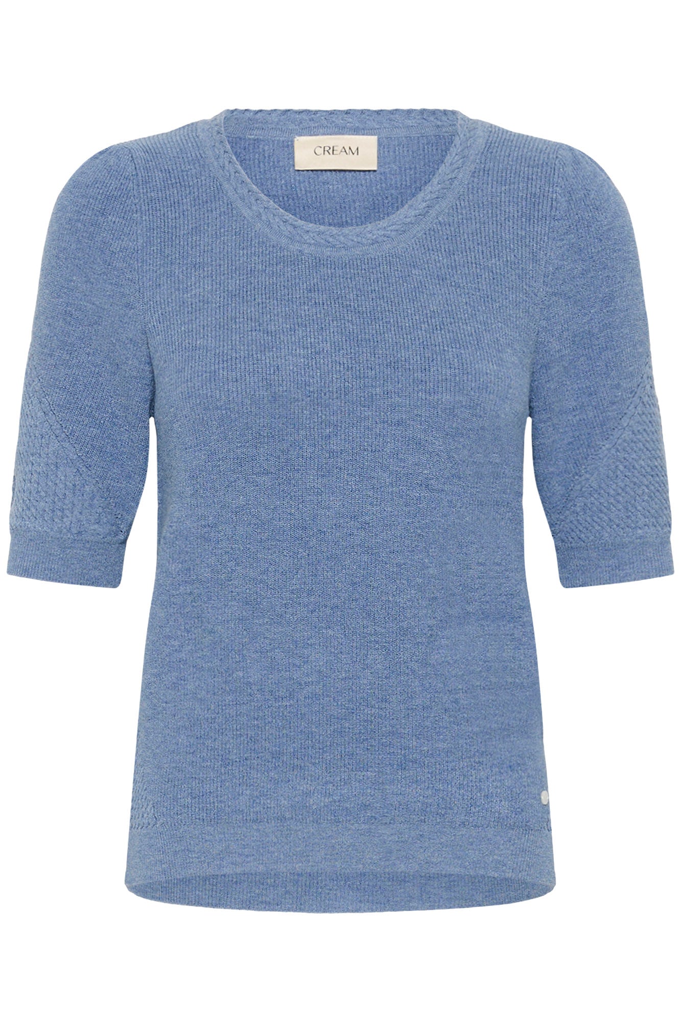 T-Shirt en tricot bleu pâle, col rond et manches courtes bouffantes texturées pour femme par Cream, vue de face