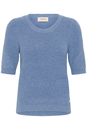 T-Shirt en tricot bleu pâle, col rond et manches courtes bouffantes texturées pour femme par Cream, vue de face