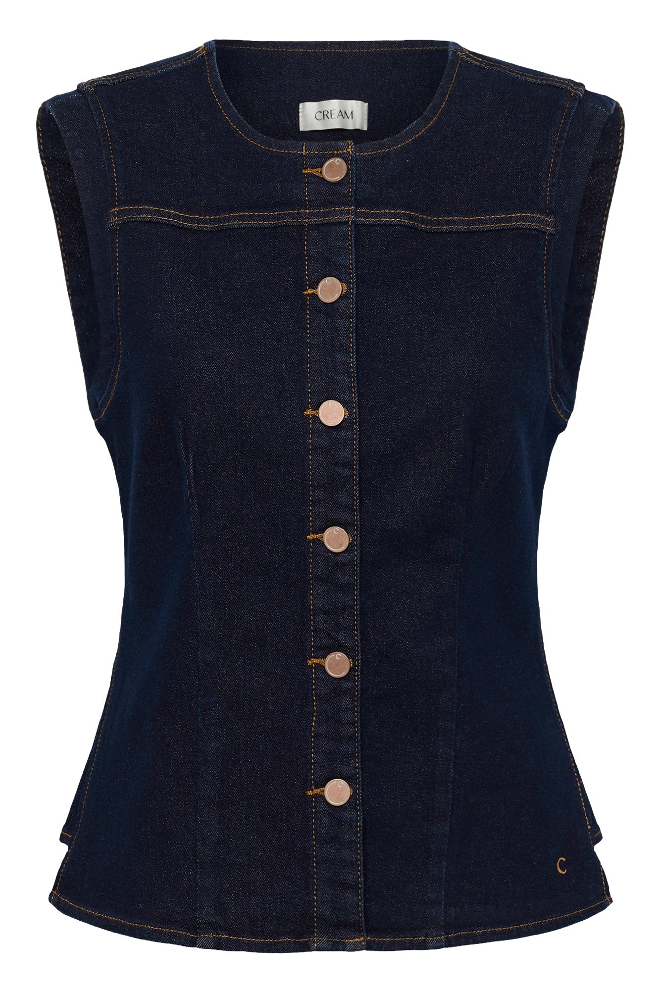 Produit, veste en denim indigo foncé sans manches avec encolure ronde et boutons pour femme par Cream, vue avant