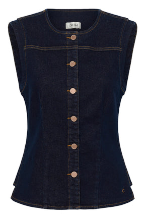 Produit, veste en denim indigo foncé sans manches avec encolure ronde et boutons pour femme par Cream, vue avant