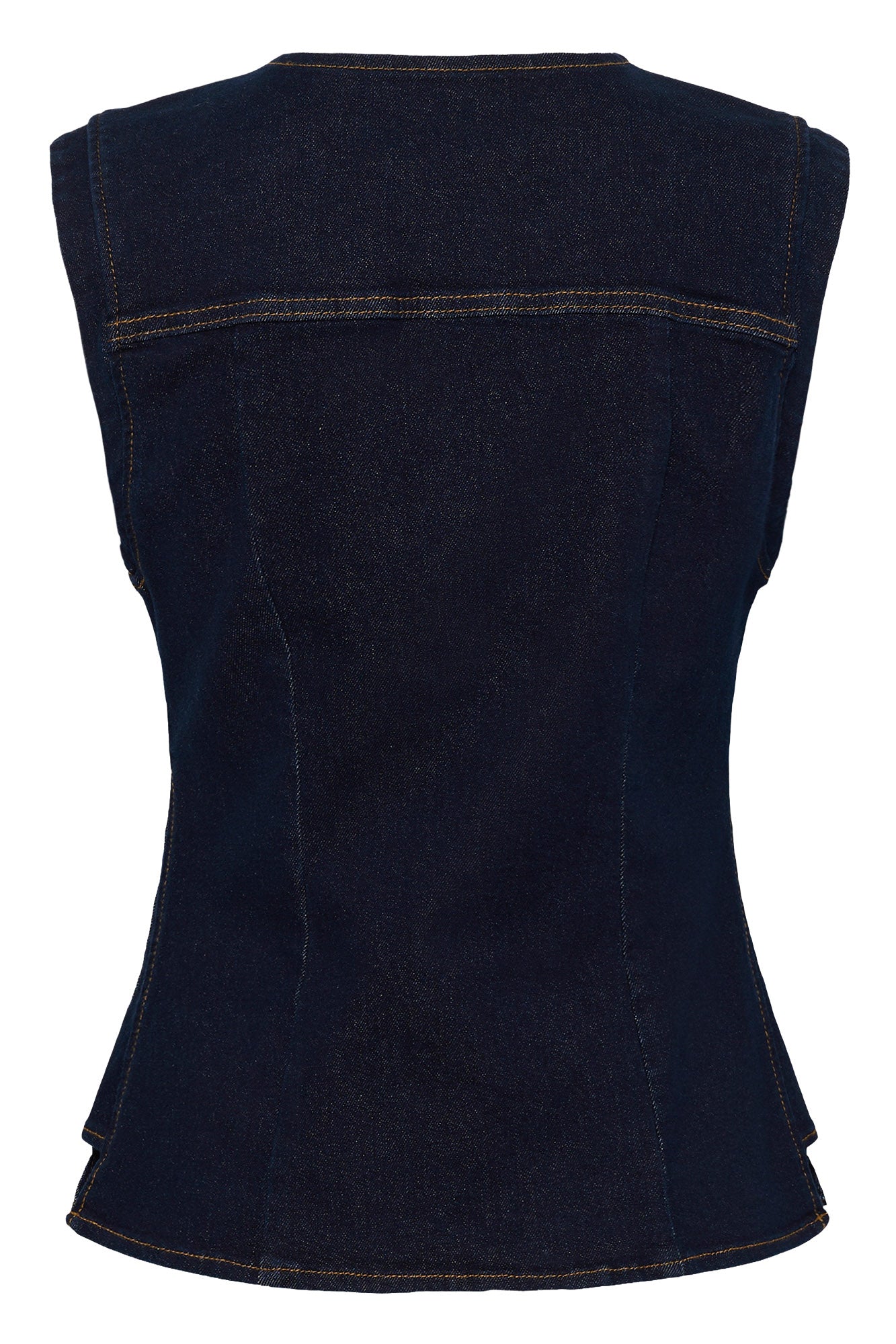 Vue arrière du produit, veste en denim indigo foncé sans manches avec empiècement et coutures pour femme par Cream