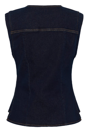 Vue arrière du produit, veste en denim indigo foncé sans manches avec empiècement et coutures pour femme par Cream
