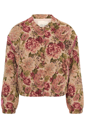 Cream women's cropped beige floral jacket with buttons, pink piping, and pale lining, isolated front view