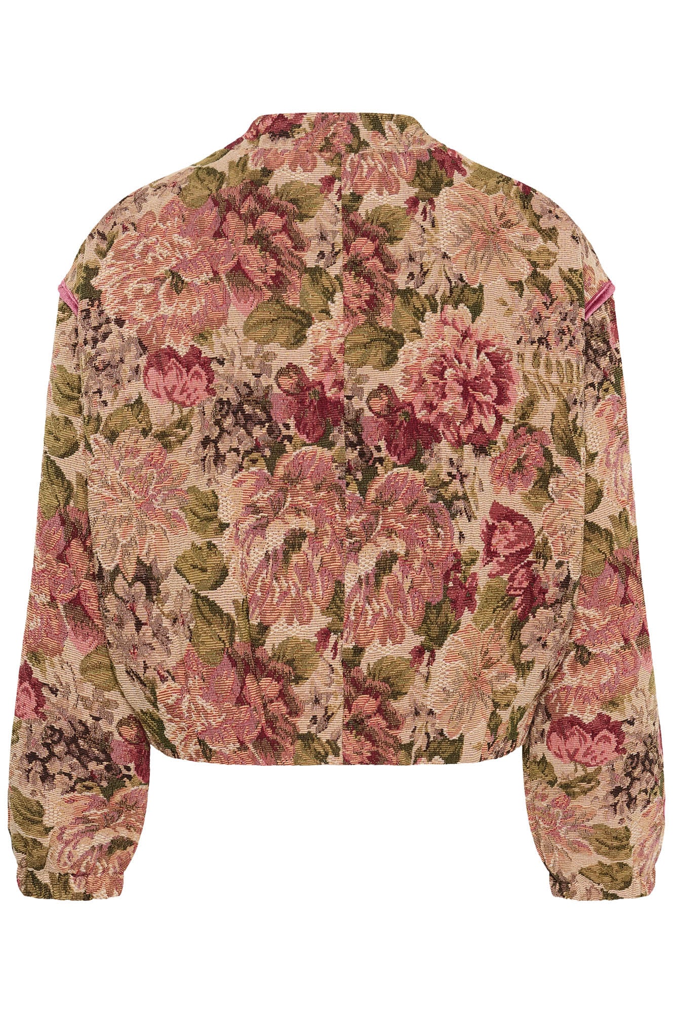 Cream women's cropped beige floral tapestry jacket with pink shoulder piping shown from the back