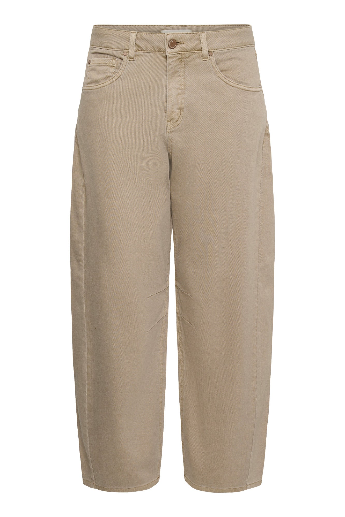 Cream women's beige jeans with button fly, curved leg seams, and tapered hems, isolated front view