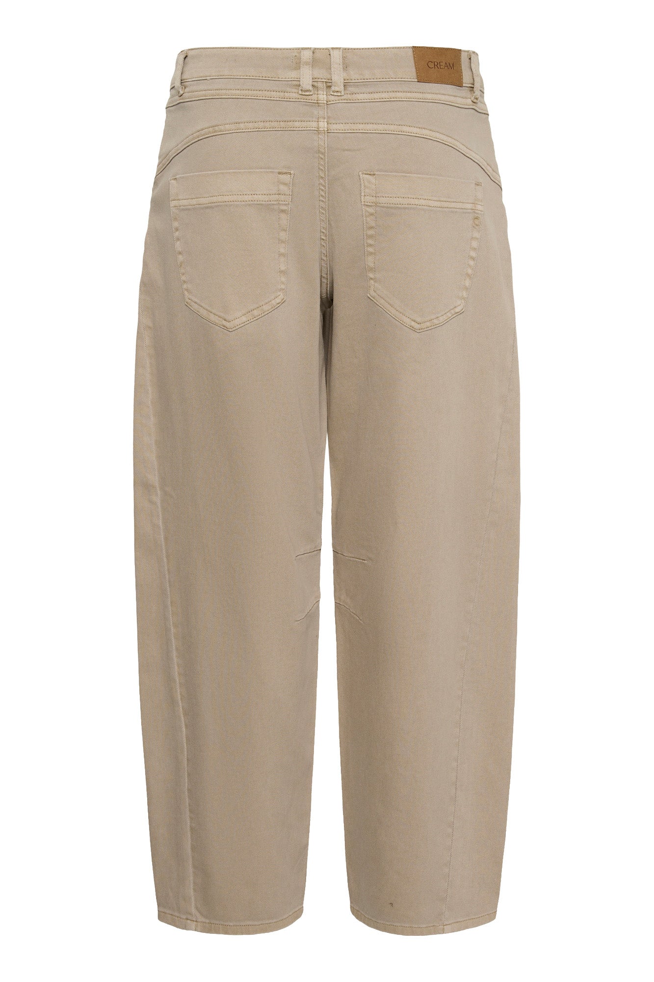 Cream women's beige jeans with patch pockets, tan brand patch, and knee dart seams shown from the back