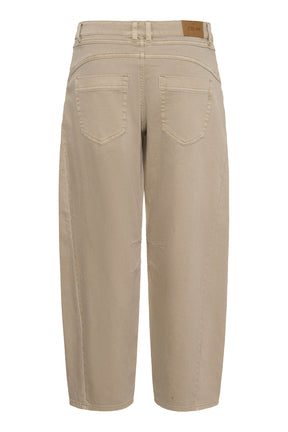 Cream women's beige jeans with patch pockets, tan brand patch, and knee dart seams shown from the back