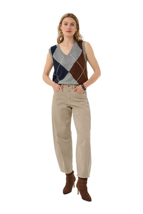 Cream women's full front model view of beige jeans with button fly, front pockets, and relaxed curved legs